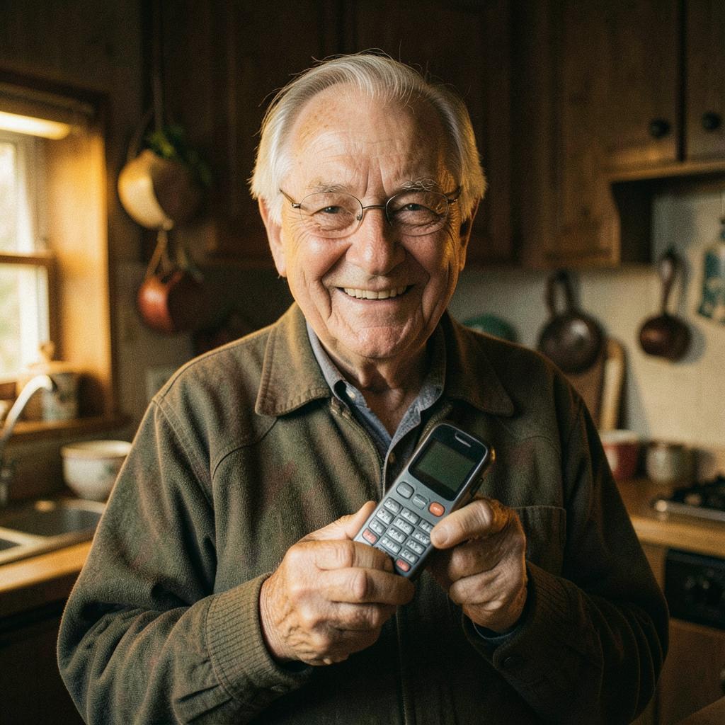 Nasmejan starejši gospod v kuhinji drži klasičen Nokia telefon s tipkovnico